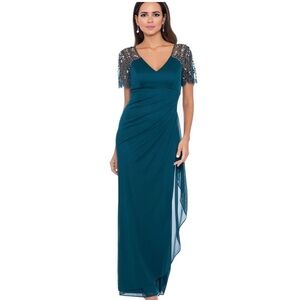 Xscape Green Short Sleeve Ruffle Chiffon Formal Evening Gown NWT 10P Petite MOB